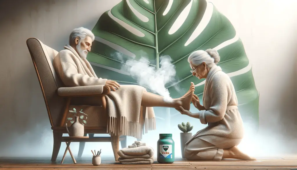 Informative image of a grandmother applying vicks on her husbands feet while he is wrapped in a blanket and sitting in an armchair
