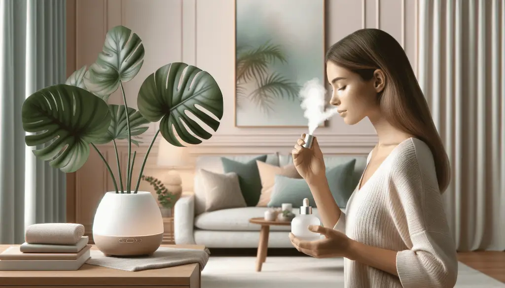 Informative image of a 25 year old woman inhaling essential oils from a diffuser situated in a beautiful living room
