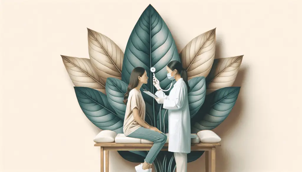 Woman getting her health checked by a female doctor.  The backdrop showcases a prominently designed slightly saturated philodendron leaf, complementing the theme. Light tones dominate the meticulously designed image, reflecting well-being, calm, and happiness, ideal for a health and wellness website.