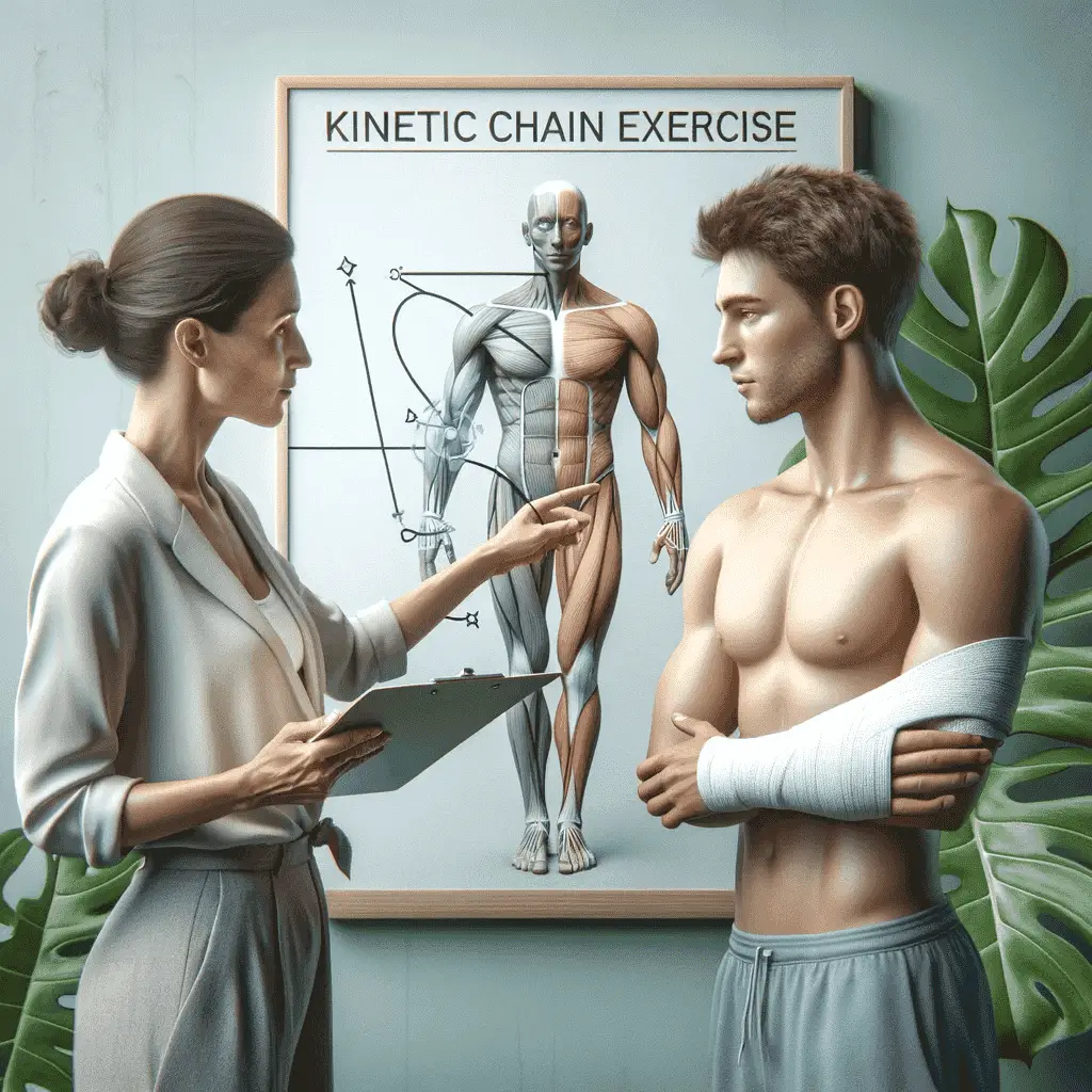 Informative image features a woman explaining a kinetic chain exercise program on a whiteboard to a young man with a shoulder injury, set against a backdrop with a philodendron leaf, reflecting well-being and calm.
