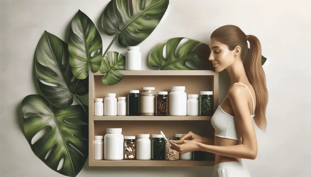Informative image of a healthy slim young woman looking at her cupboard full of supplements. The landscape-oriented image includes a backdrop with a slightly saturated philodendron leaf, and is designed with light tones that reflect well-being, calm, and happiness, making it ideal for a health and wellness website.
