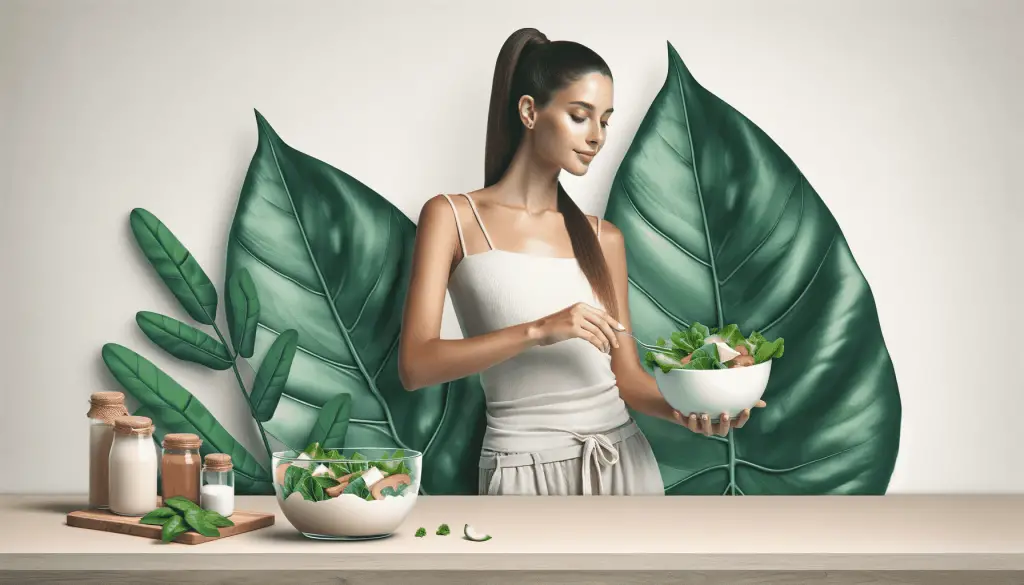 Informative realistic eye-level and close-up photo of a thin, healthy woman preparing a salad. The backdrop showcases a slightly saturated philodendron leaf, complementing the theme. The image, in landscape dimension, is dominated by light tones, meticulously designed to reflect well-being, calm, and happiness, making it ideal for a health and wellness website.
