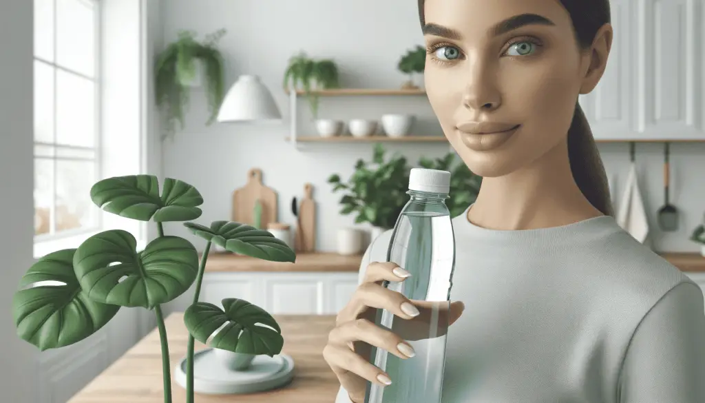Informative image of 30-year-old lady in her kitchen about to drink from a bottle of water, with a green philodendron plant enhancing the calm and serene atmosphere. This scene is designed to reflect well-being and is ideal for a health and wellness website.