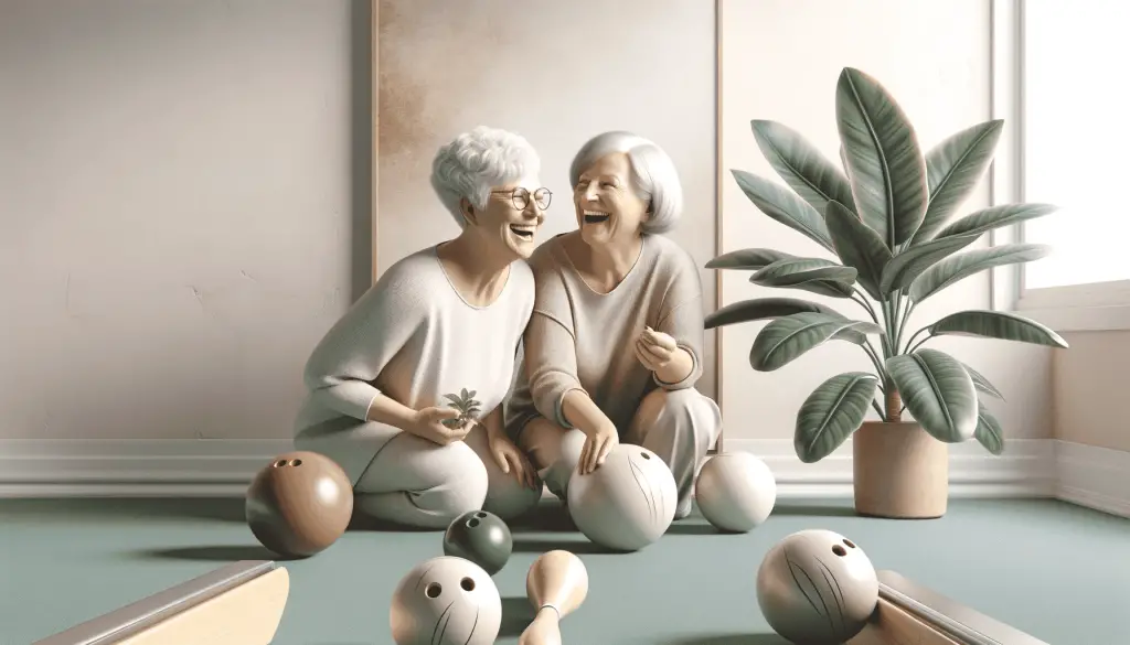 Informative image of two 50-year-old ladies laughing and playing bowls in a room with a calm and serene atmosphere, complemented by a green philodendron plant. This scene is designed to reflect well-being and happiness, making it ideal for a health and wellness website.
