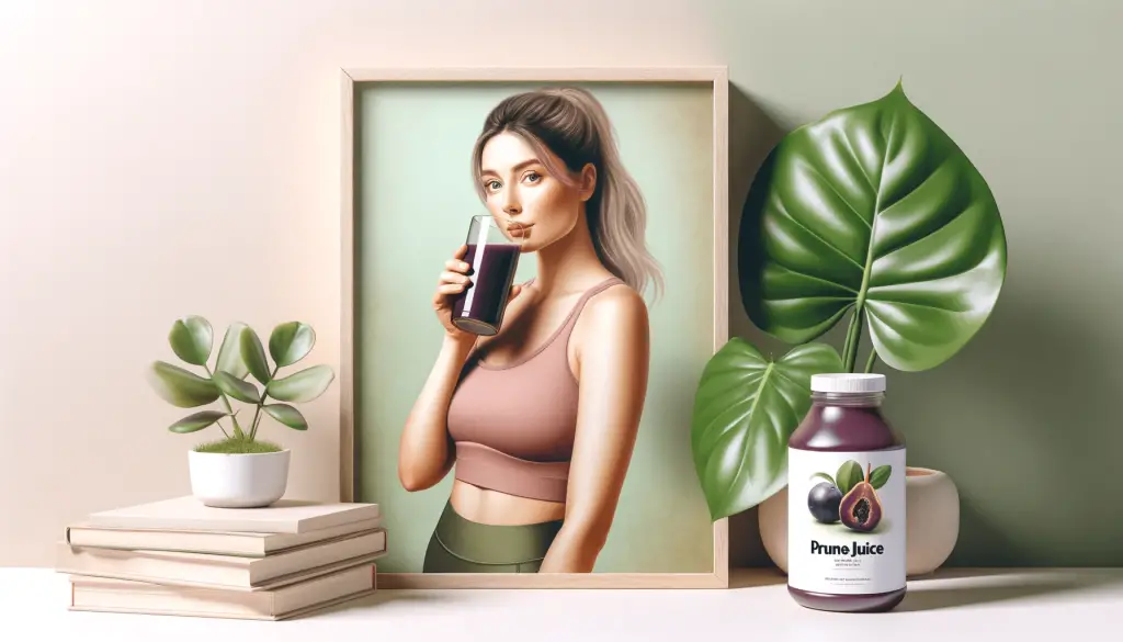 Informative image of a 30 year old female in workout clothing drinking prune juice from a glass.  There is a bottle of labelled prune juice on the counter.
