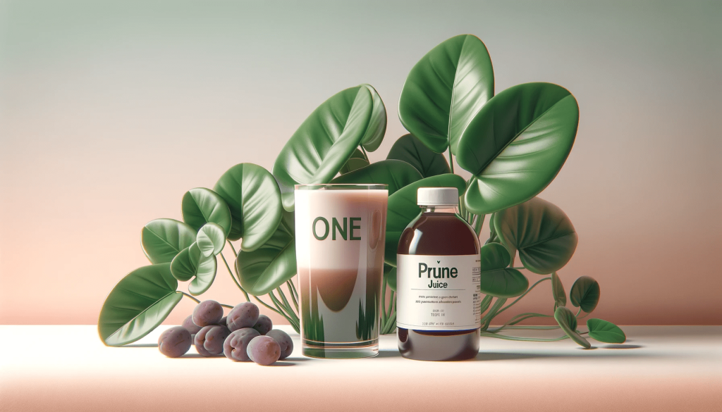 Informative image of a glass and labelled bottle of prune juice sitting on a counter.