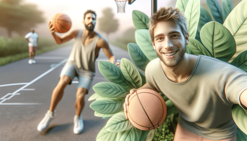 Informative image of a scruffy, tired looking 20 year old male outside in the fresh air shooting hoops with a friend