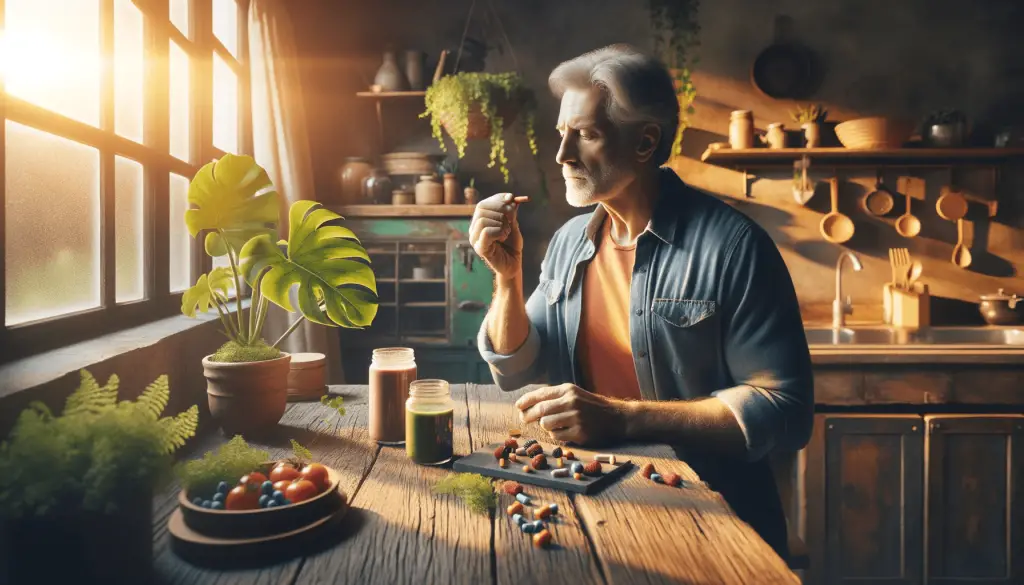 Informative image of a 70 year old man taking vitamins along with a smoothie in his rustic kitchen