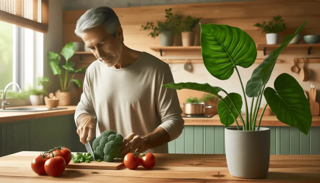 Informative image of a 60 year old man chopping up tomatoes and broccoli in his kitchen