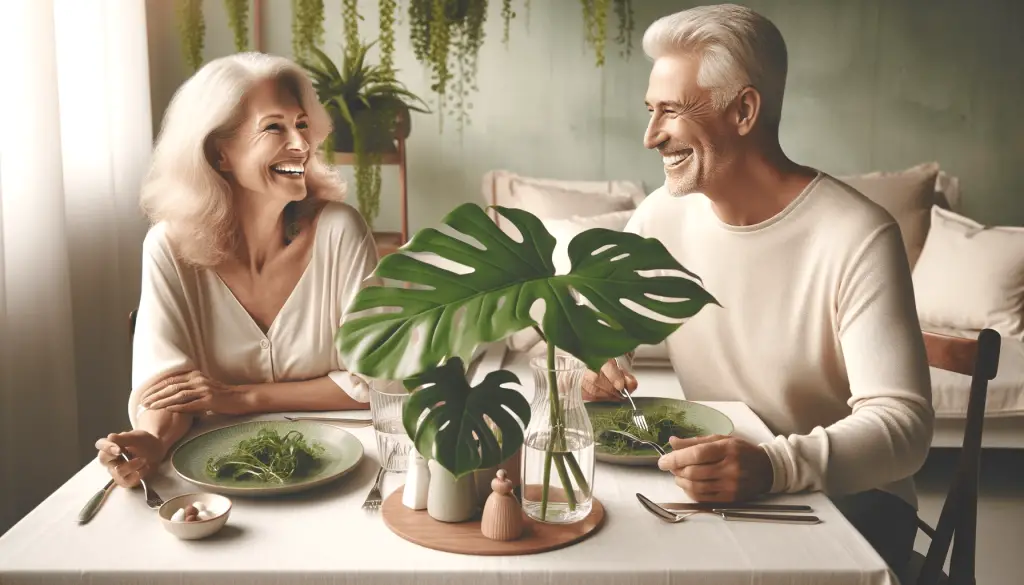Informative image of a 60 year old man smiling and laughing while having a romantic dinner with a 60 year old lady.